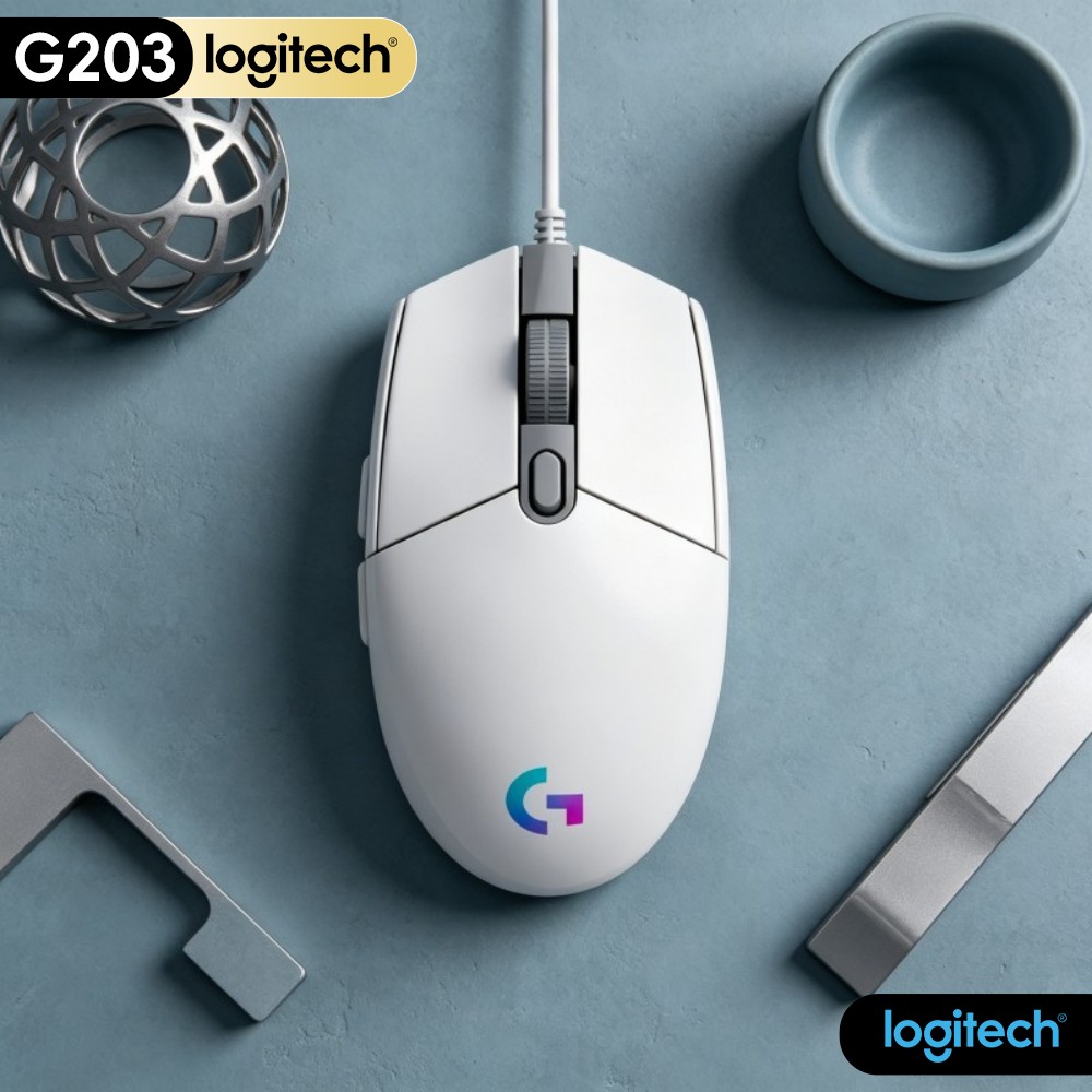 Logitech Mouse G203 - เมาส์เกมมิ่งแบบมีสาย Logitech G203 ฐานยางกันลื่น ไฟ RGB